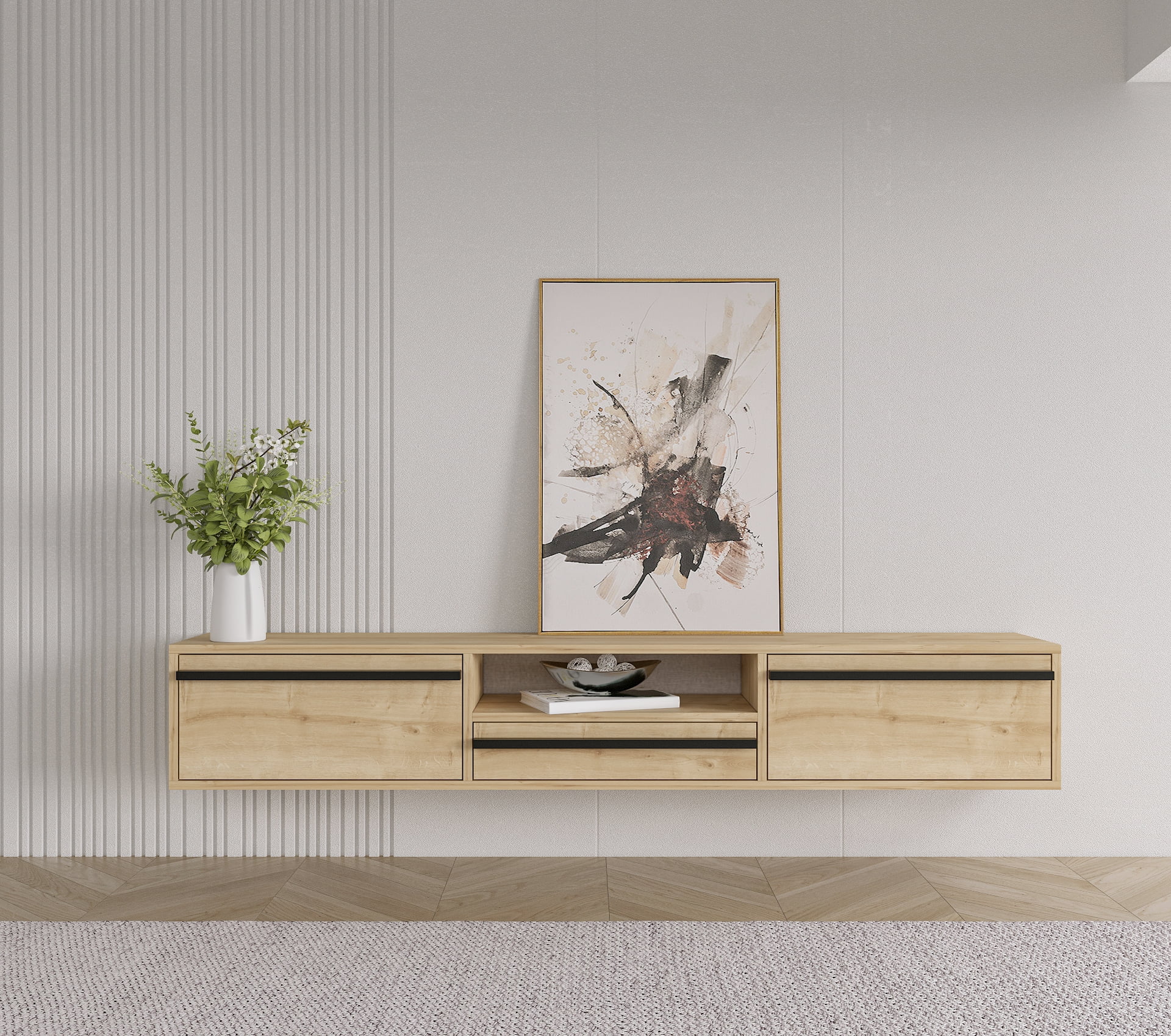 Hawana 71" Modern and Minimalist Wall Mounted Floating Entertainment Media Console Oak &Wood Black