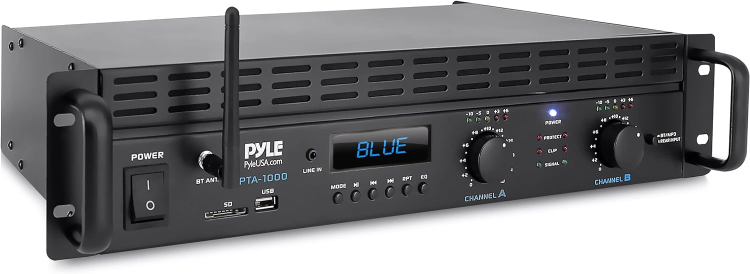 Professional Audio Bluetooth Power Amplifier - 2-Channel Rack Mount Bridgeable, LED Indicators, Shockproof Binding Posts, Cooling Fans 1000 Watt