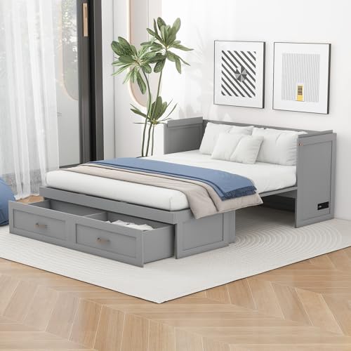 Harper & Bright Designs Full Size Murphy Bed Cabinet Wall Bed, Solid Pine Murphy Bed Chest with USB Ports