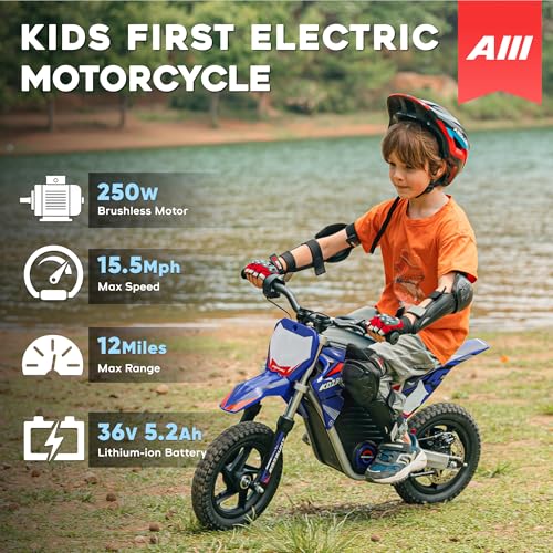 AIII Electric Dirt Bike for Kids 3-7, High Performance Racing Grade Motorcycle, Up to 8MPH, 2 Speed Settings, 12-Inch Off-Road Tires