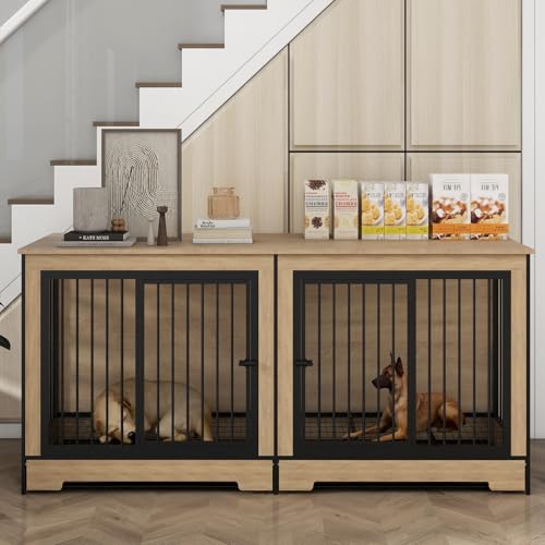 63'' Double Dog Crate Furniture for 2 Dogs, XXL Wooden 2 Dog Kennel, Wooden Dog Kennel with 2 Drawers,Divider and Sliding Door