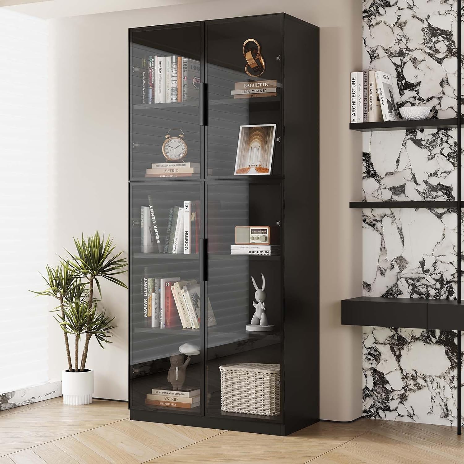 Display cabinet with LDE light and Glass Doors, Bookcase Bookshelf, Wooden Display Cabinet for Home Office, Living Room, and Dining Room