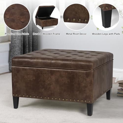 Fabric Storage Ottoman, 28.3" Large Square Ottoman Coffee Table with Storage, Upholstered Oversized Ottoman for Living Room (Dark Gray)