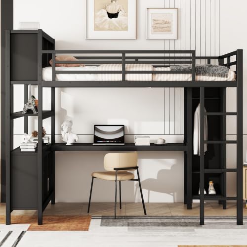 Metal Loft Bed with Wardrobe and L-Shaped Desk, Full Size Loft Bed with Storage Cubes and Shelves, Heavy Duty Loft Bed for Kids Teens, White