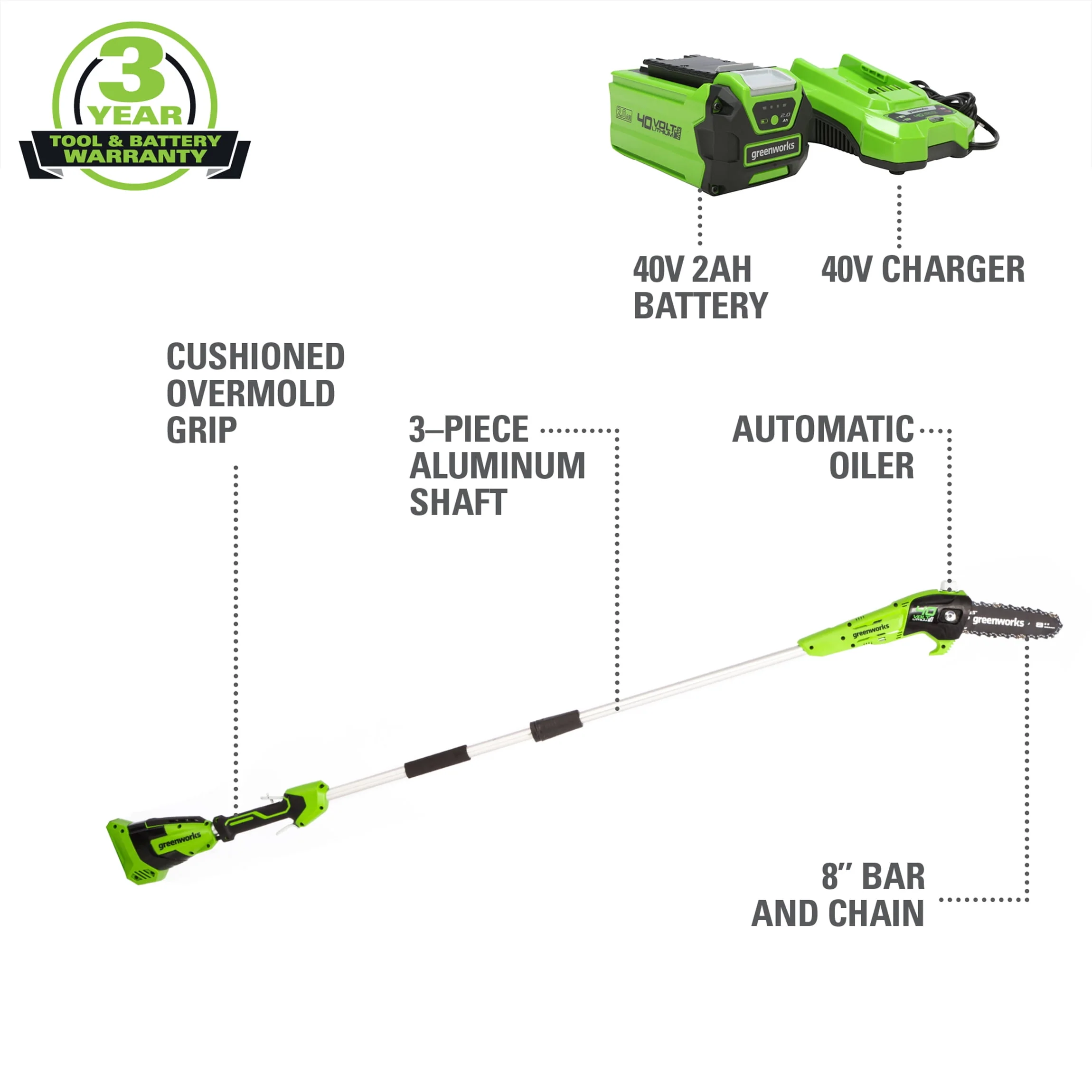 Greenworks 40V 8 Cordless Pole Saw with 2.0 Ah Battery and Charger Gen II 1403702