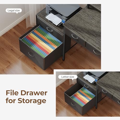 Seventable L Shaped Desk with File Drawers, 64" Home Office Desk with Power Outlet & LED Lights, Reversible Gaming Desk with Printer Storage Shelves