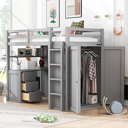 Harper & Bright Designs Full Size Loft Bed with Desk and Wardrobe, Solid Wood Loft Bed Frame with Storage Drawers, for Kids Teens Adults (White)