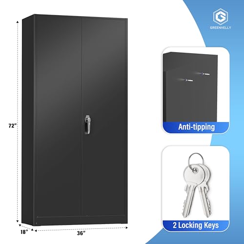 Greenvelly Metal Storage Cabinet, 72" Black Locking Storage Cabinets with Doors and 4 Shelves, Metal Cabinet for Garage Home Office, Classroom