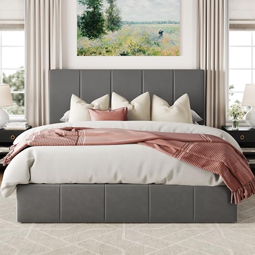 Allewie Queen Size Velvet Lift Up Storage Bed Frame, Vertical Channel Tufted Headboard, Hydrualic Underneath Storage, Upholstered Platform Bed