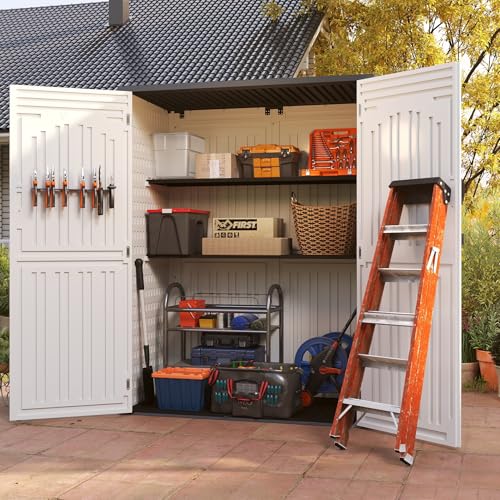 Vertical Resin Storage Shed, 60 Cuft Garden Tool Sheds & Outdoor Storage, Plastic Outdoor Storage Cabinet Waterproof