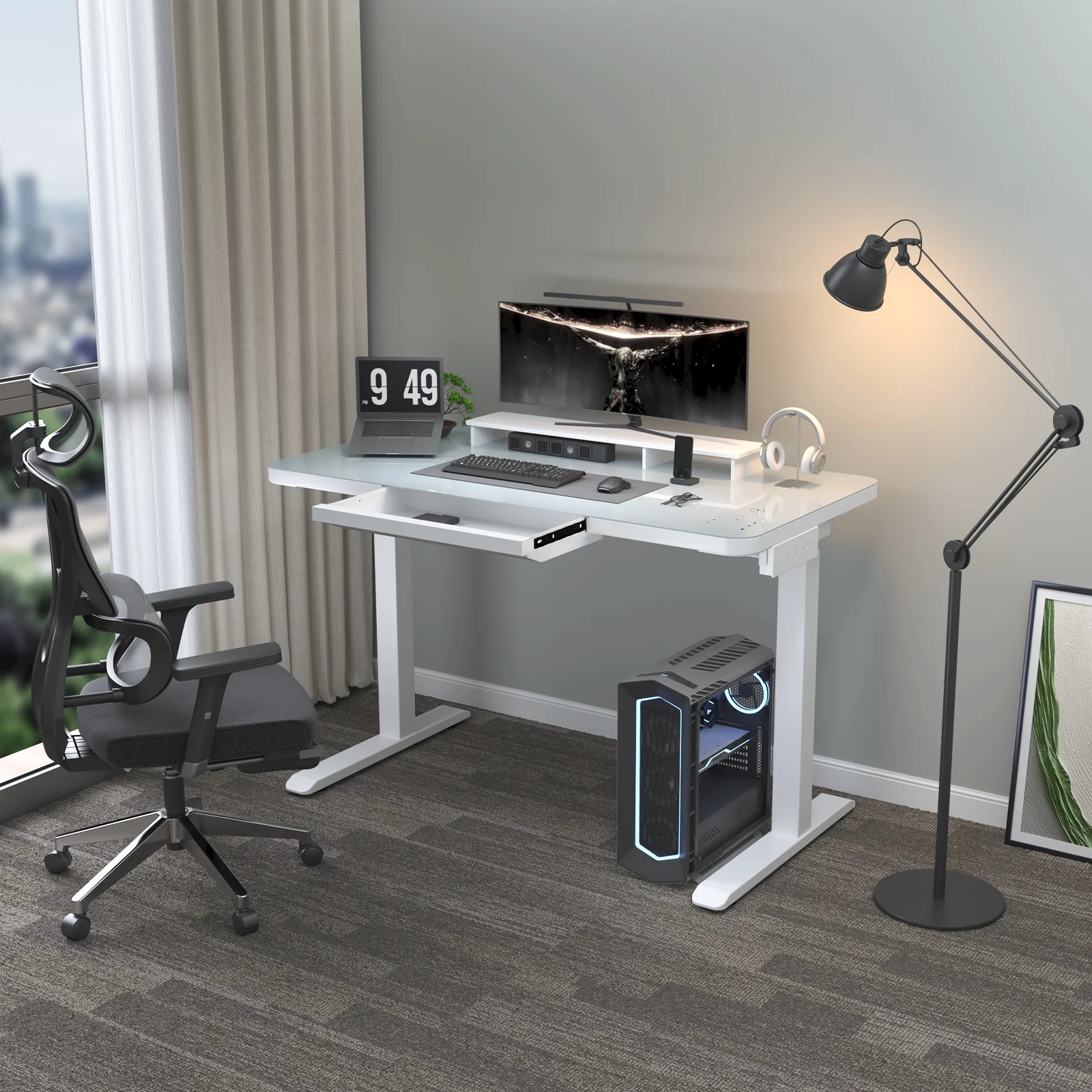ADOFFUR Electric Glass Standing Desk with Drawers, Dual Motor Height Adjustable Desk with Touch Control &Wireless Charging&Power Outlet Strip, White