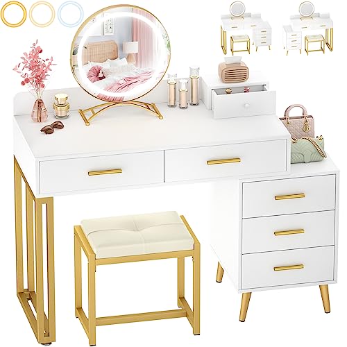 White Vanity Desk with Mirror and Lights, Modern Makeup Vanity Table Set with 6 Storage Drawers and Cushioned Stool for Bedroom