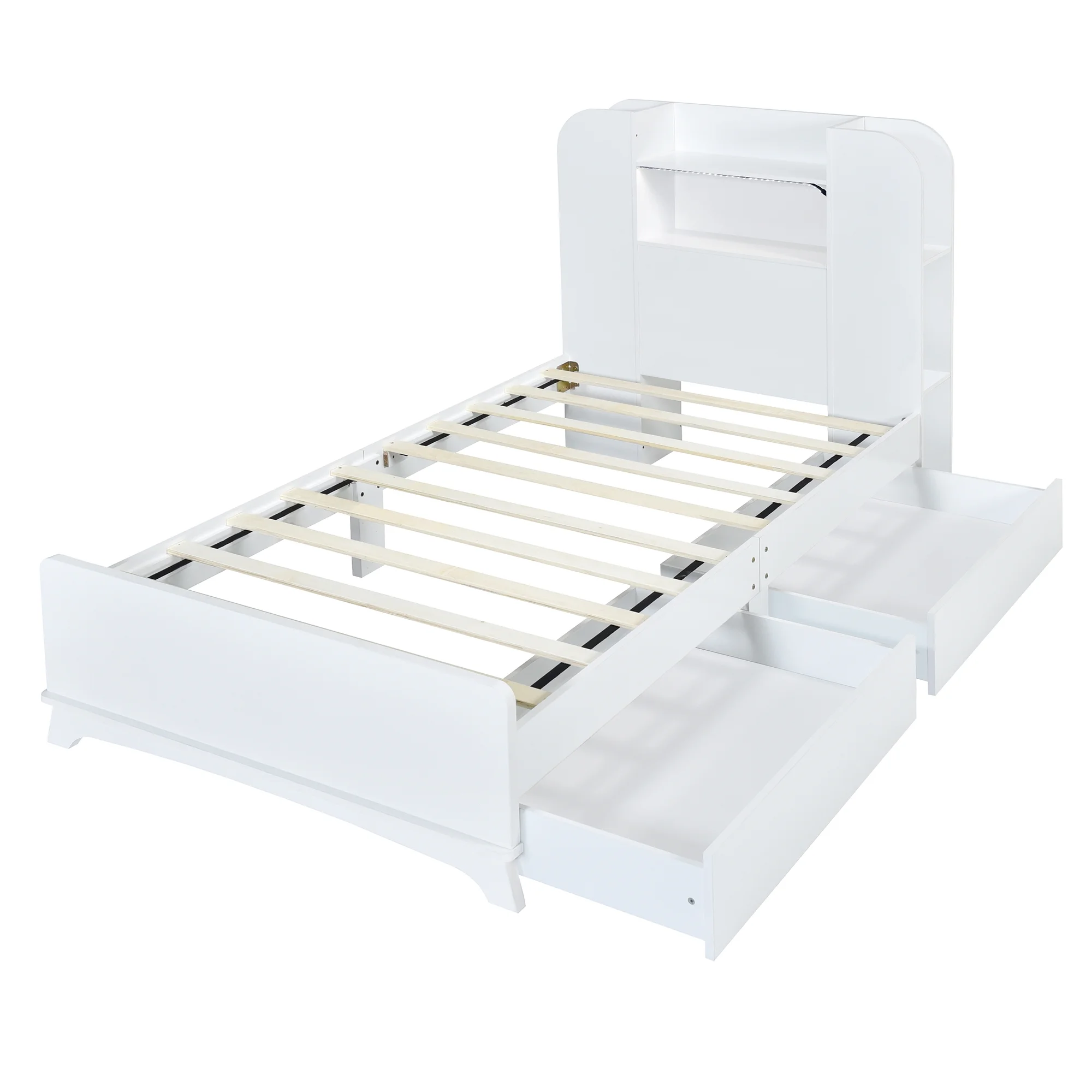 EUROCO Wood Twin Size Platform Bed with Storage Headboard and 2 Drawers, Open Shelf and LED Light for Kids Teens Adults, White