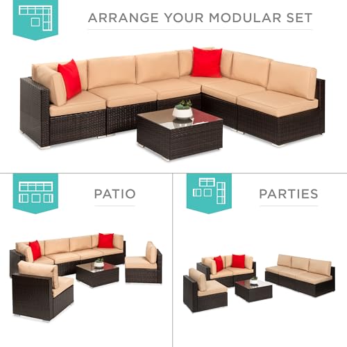 Best Choice Products 7-Piece Modular Outdoor Sectional Wicker Patio Conversation Set w/ 2 Pillows, Coffee Table, Cover Included - Gray/Navy