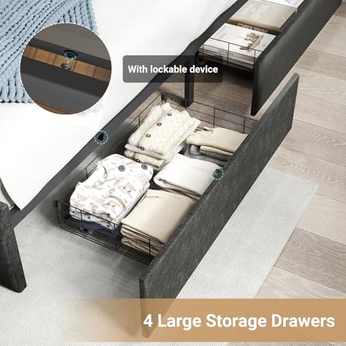 Full Size Bed Frame with Headboard, LED Platform Bed with 4 Storage Drawers, Built in Charging Station, Noise-Free, Metal Support Base