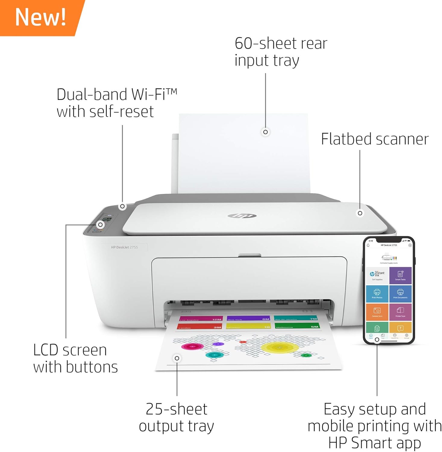 HP DeskJet 2755 Wireless All-in-One Printer | Mobile Print, Scan & Copy | HP Instant Ink Ready (3XV17A) (Renewed) Pack of 2