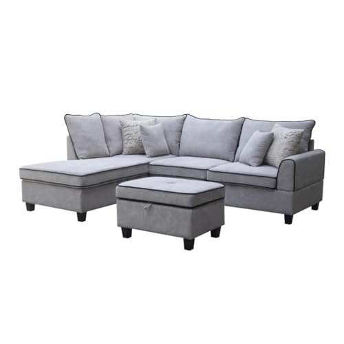 Light Gray Fabric Sectional Sofa with Left-Facing Chaise and Storage Ottoman