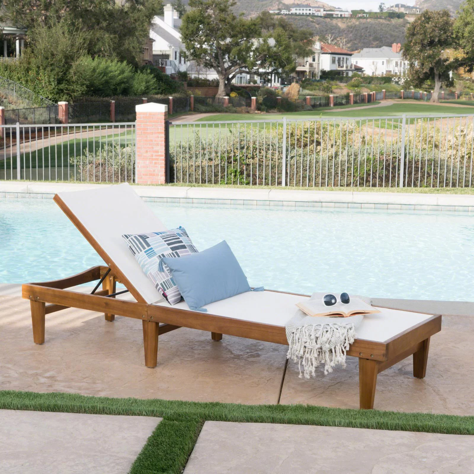 Azara Outdoor Acacia Wood and Mesh Chaise Lounge - Teak and White
