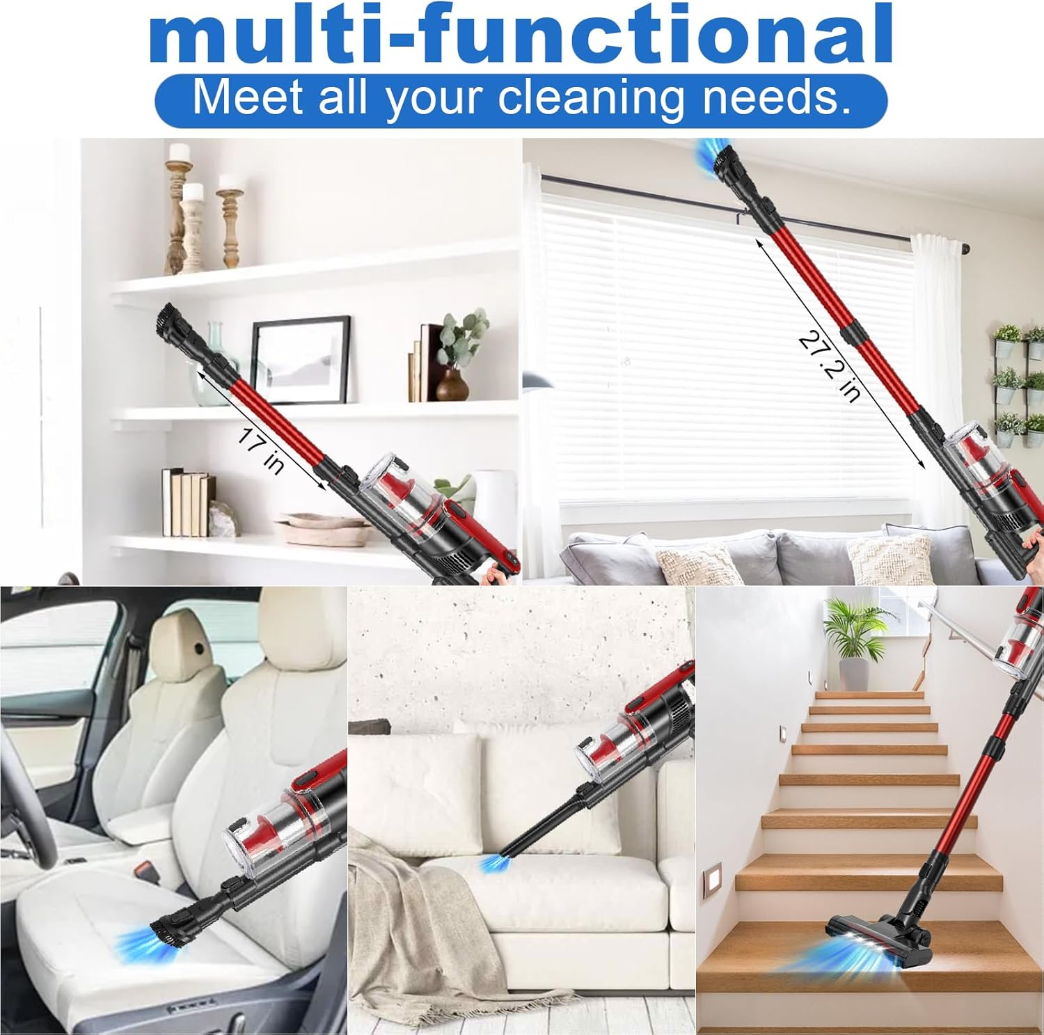 Cordless Vacuum Cleaner Lightweight 24Kpa 2-Speed Vacuum Cleaners for Home, Stick Vacuum Cleaner with LED Light, XL Dust Cup, Wall Mount