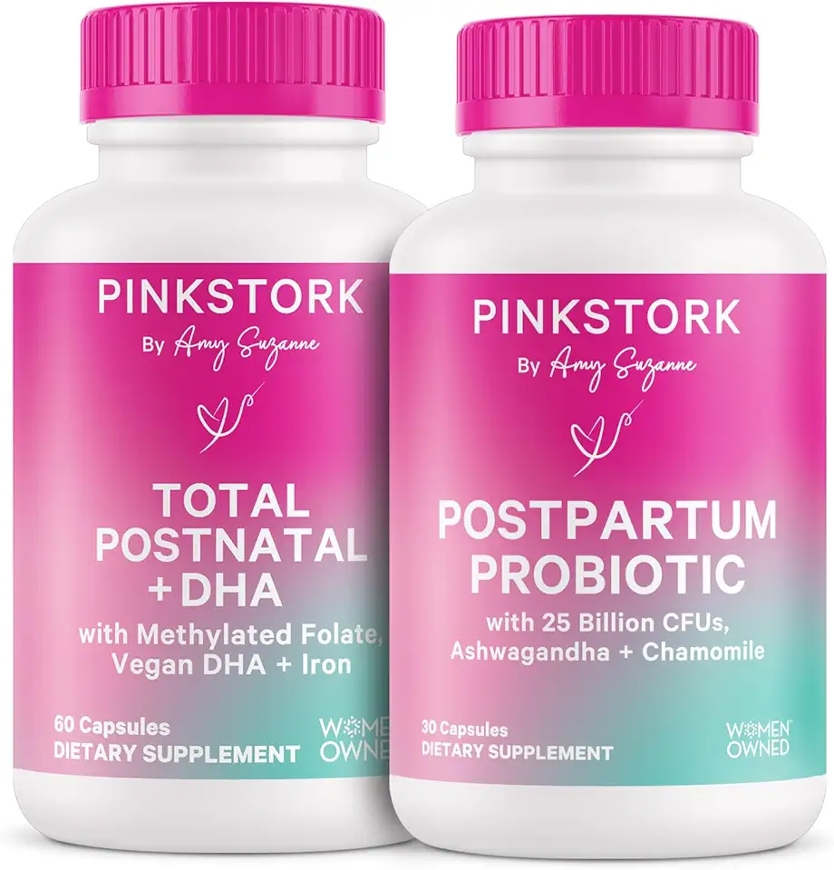 Pink Stork Postnatal Multivitamin + Probiotics with Vegan DHA, Ashwagandha, Iron, Folate, B12 - Supports Hormone Balance, Postpartum Recovery