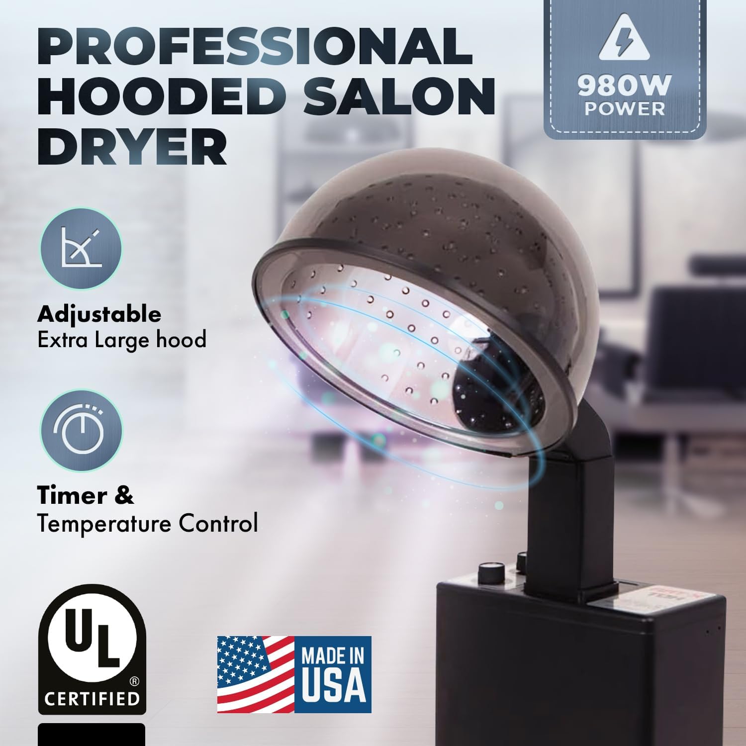 Buy-Rite X-TRA Hot Dryer Professional Hooded Standing Salon Dryer, 980 Watts, Made in The USA, Timer and 4-Setting Temperature Control