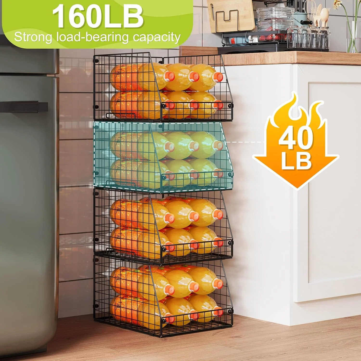 4 Pack XXL Stackable Wire Storage Basket, Extra Large Capacity Pantry Organizer and Storage, Muti-Purpose for Fruit Vegetable Basket &amp