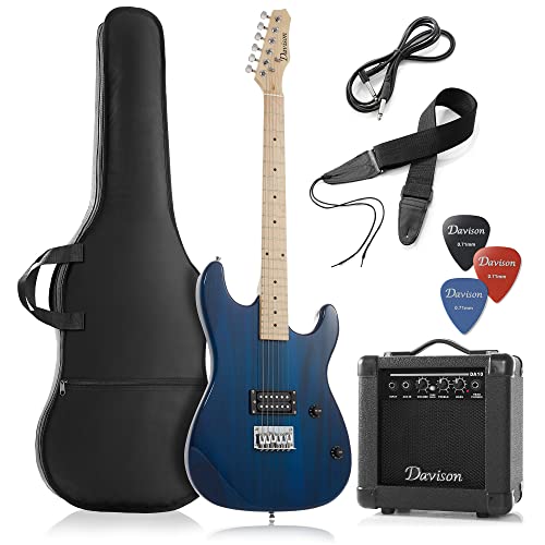 Davison Guitars Full Size Electric Guitar with 10-Watt Amp, Black - Right Handed Beginner Kit with Gig Bag and Accessories