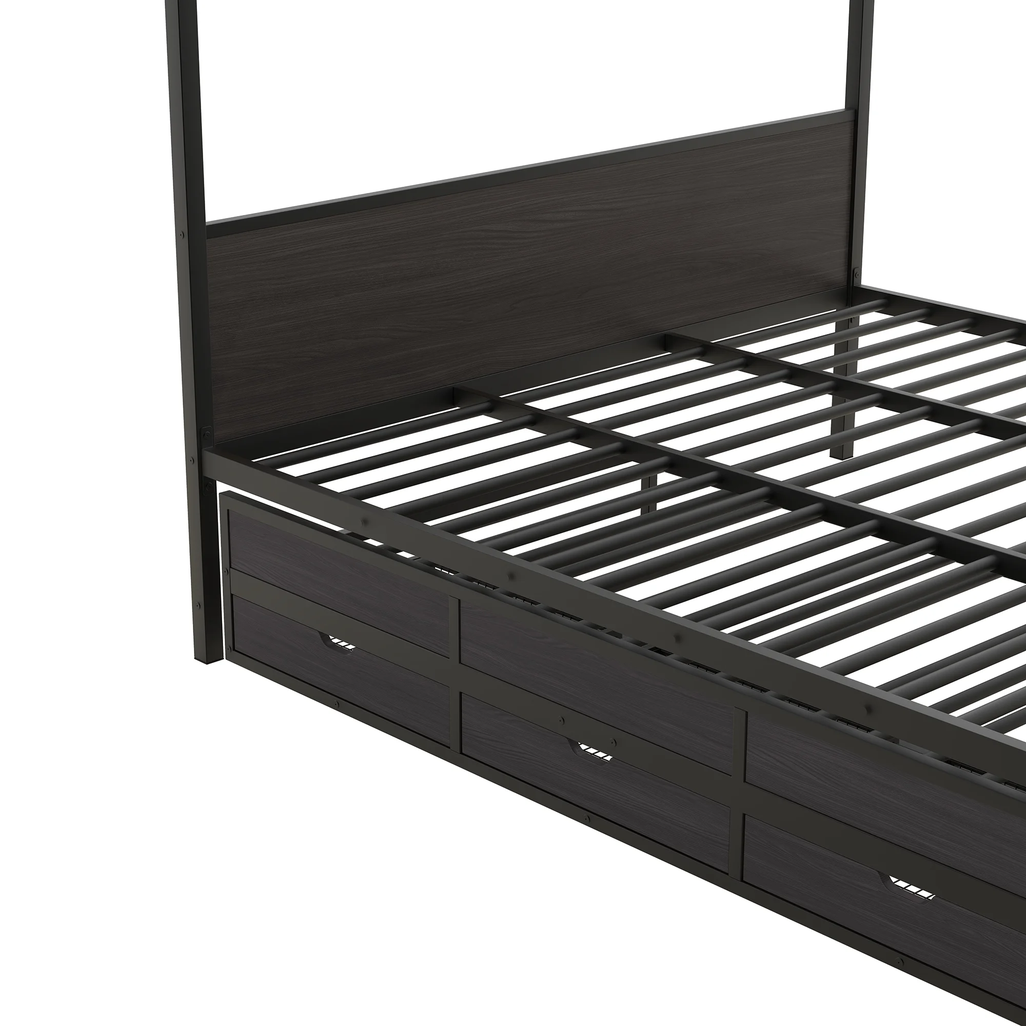 Churanty Queen Size Canopy Platform Bed with Trundle, Metal Four-Poster Canopy Bed Frame with for 3 Storage Drawers for Bedroom,Black