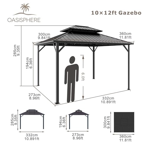 10'x12' Hardtop Gazebo, Double-Layer Galvanized Steel Roof Gazebo, All-Season Aluminum Frame Pavilion with Privacy Curtains and Netting for Patio