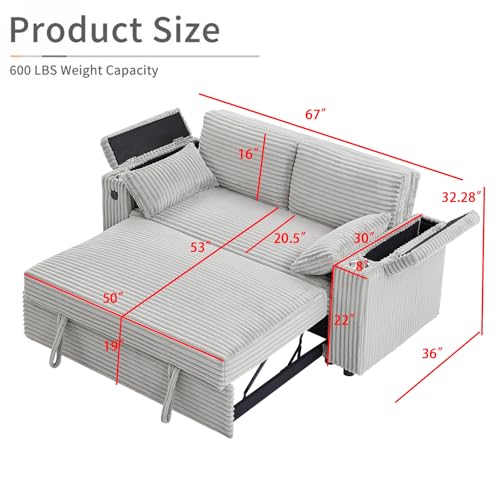 68.11" Corduroy Sleeper Chair Bed with USB Port, Cup Holders & Side Storage Pockets – 3-in-1 Foldable Sofa Bed for Guest Room, Living Room – White