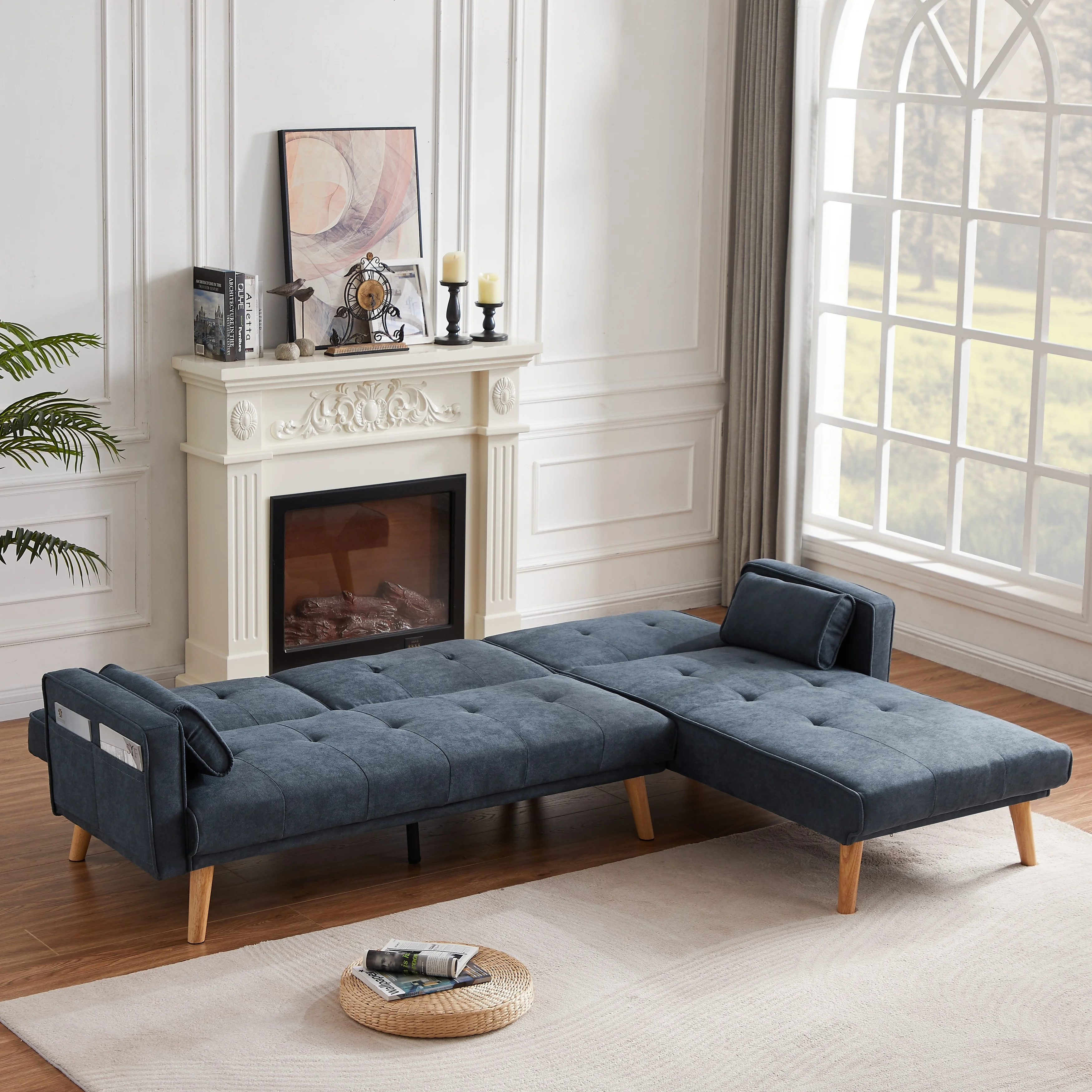 Convertible L-shaped Linen Sleeper Sectional Sofa, Right Facing