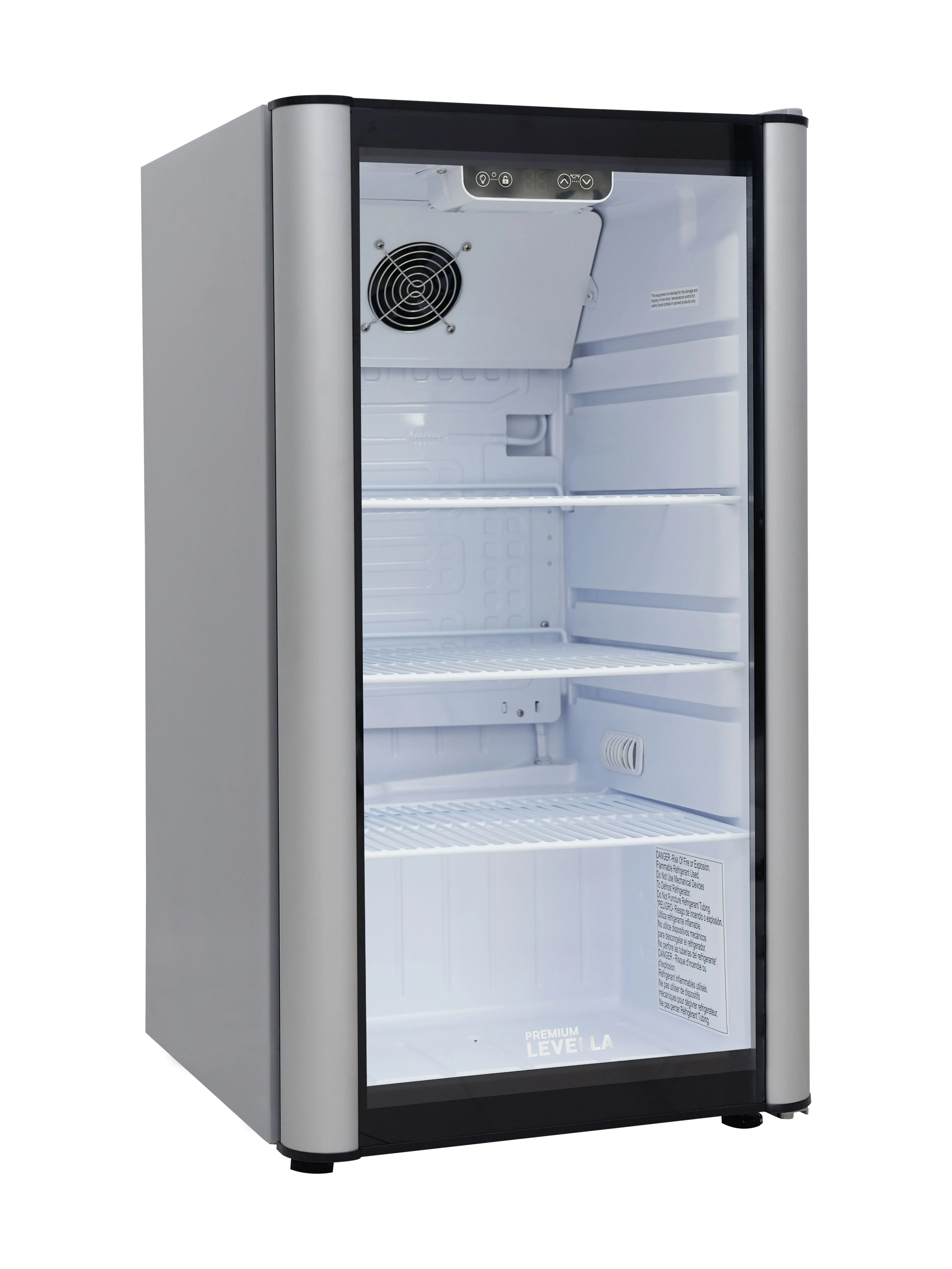 Premium Levella PRF36DX Glass Door Display Refrigerator 3.1 cu ft Commercial Beverage Cooler Merchandiser - Silver