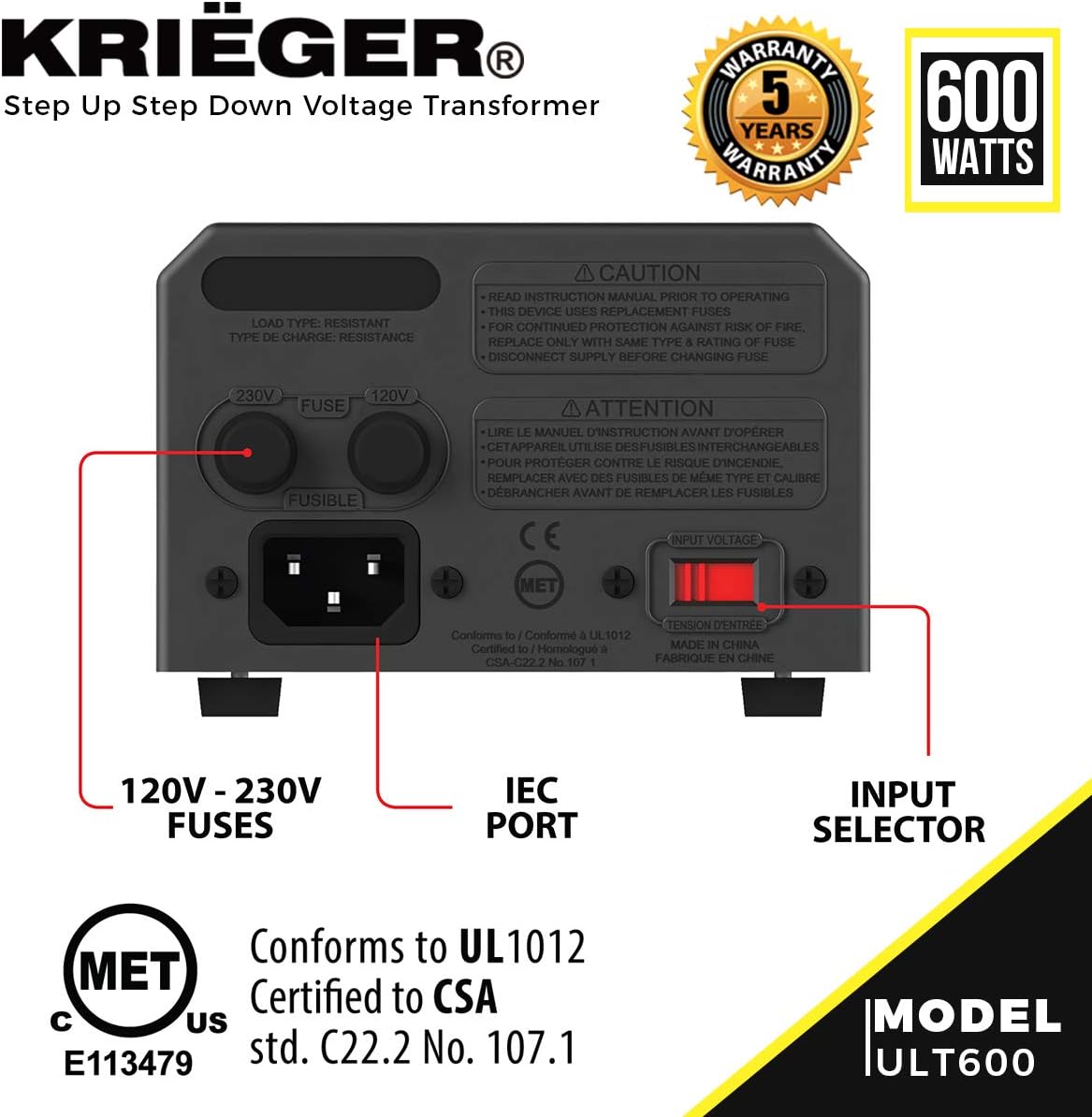 Krieger 600 Watt Voltage Transformer, 110/120V to 220/240V Step Up Step Down Voltage Converter with AC Outlets, MET Approved Under UL, CSA