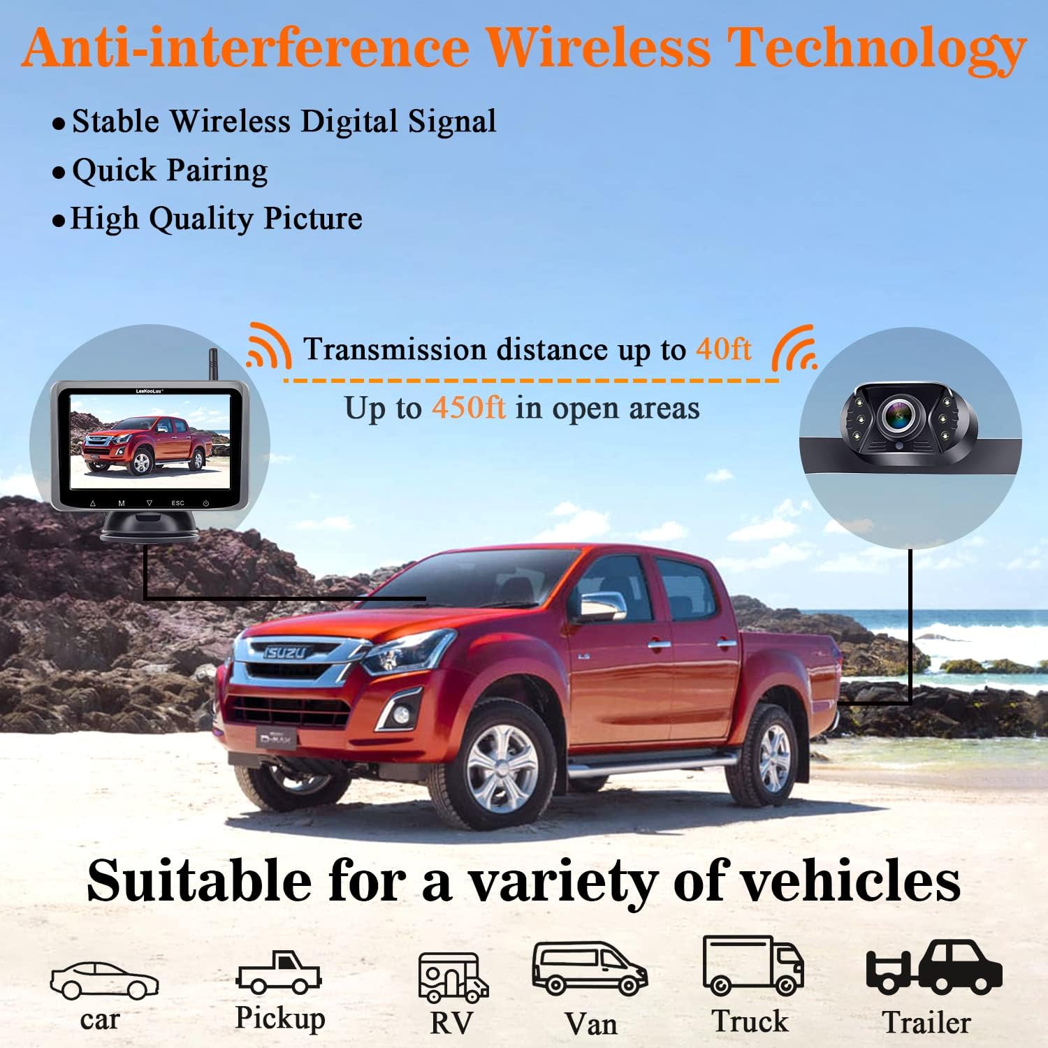 Wireless Backup Camera HD 1080P 5 Inch Monitor Touch Key Screen WiFi Rear View System for Car,Truck,Camper,Van Two Channels LeeKooLuu LK10