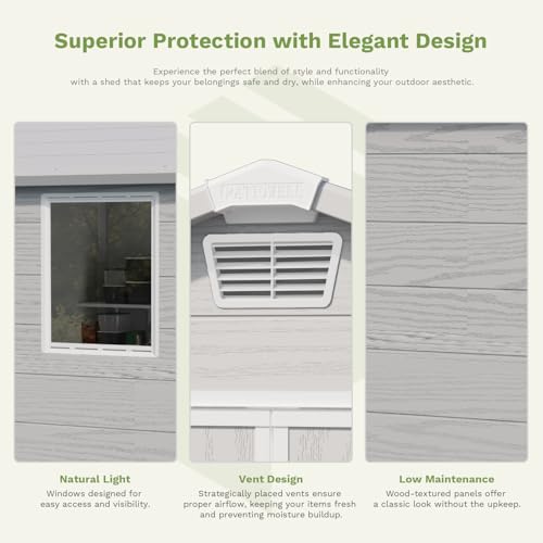 Patiowell 6 x 8 FT Plastic Outdoor Storage Shed with Floor, Resin Outside Tool Shed with Two Windows and Lockable Easy to Install, Door for Garden