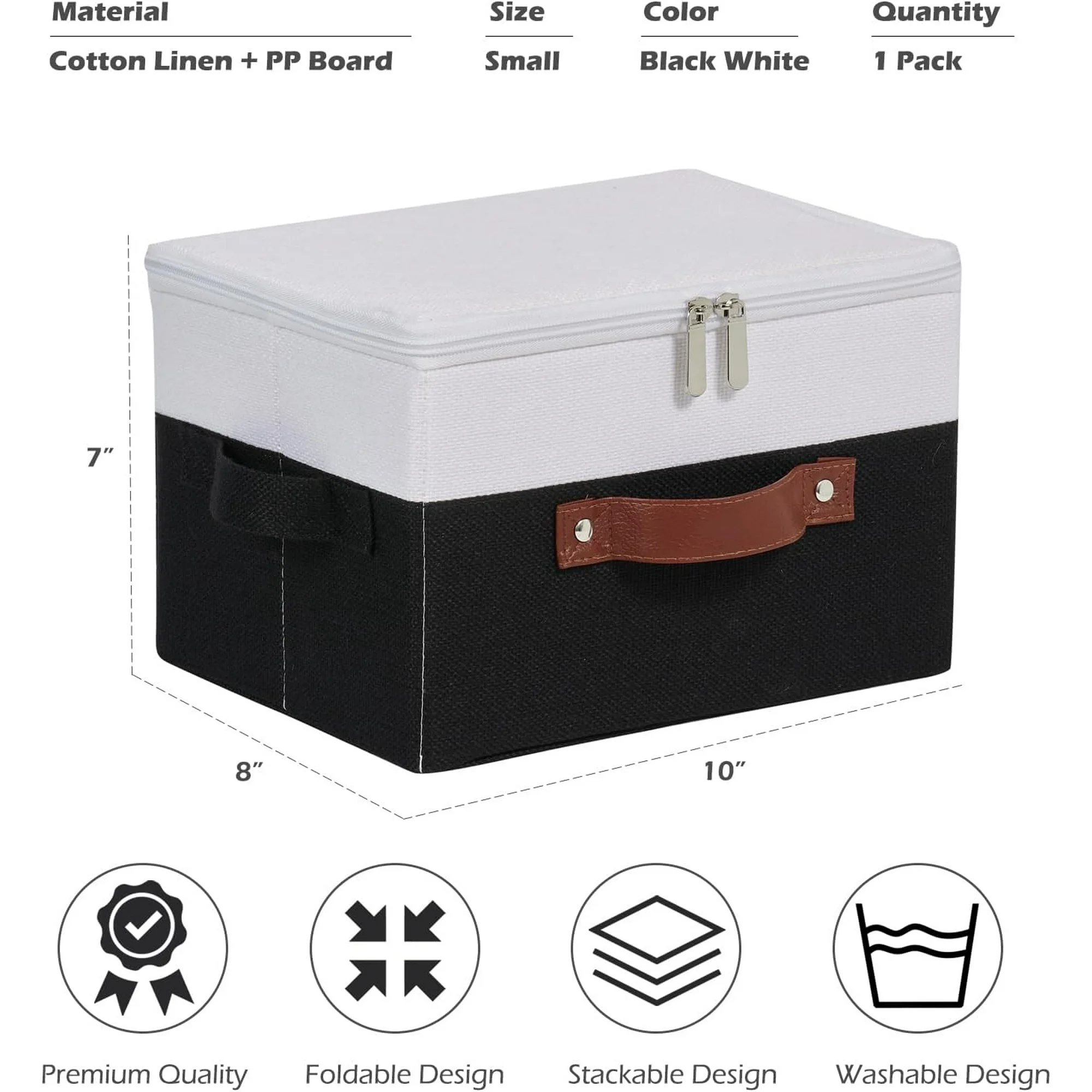 Storage Bins with Zipper Lid Cotton Linen Fabric Lidded Storage Baskets Boxes Foldable Washable Closet Shelf Clothes Organizer Container with PU