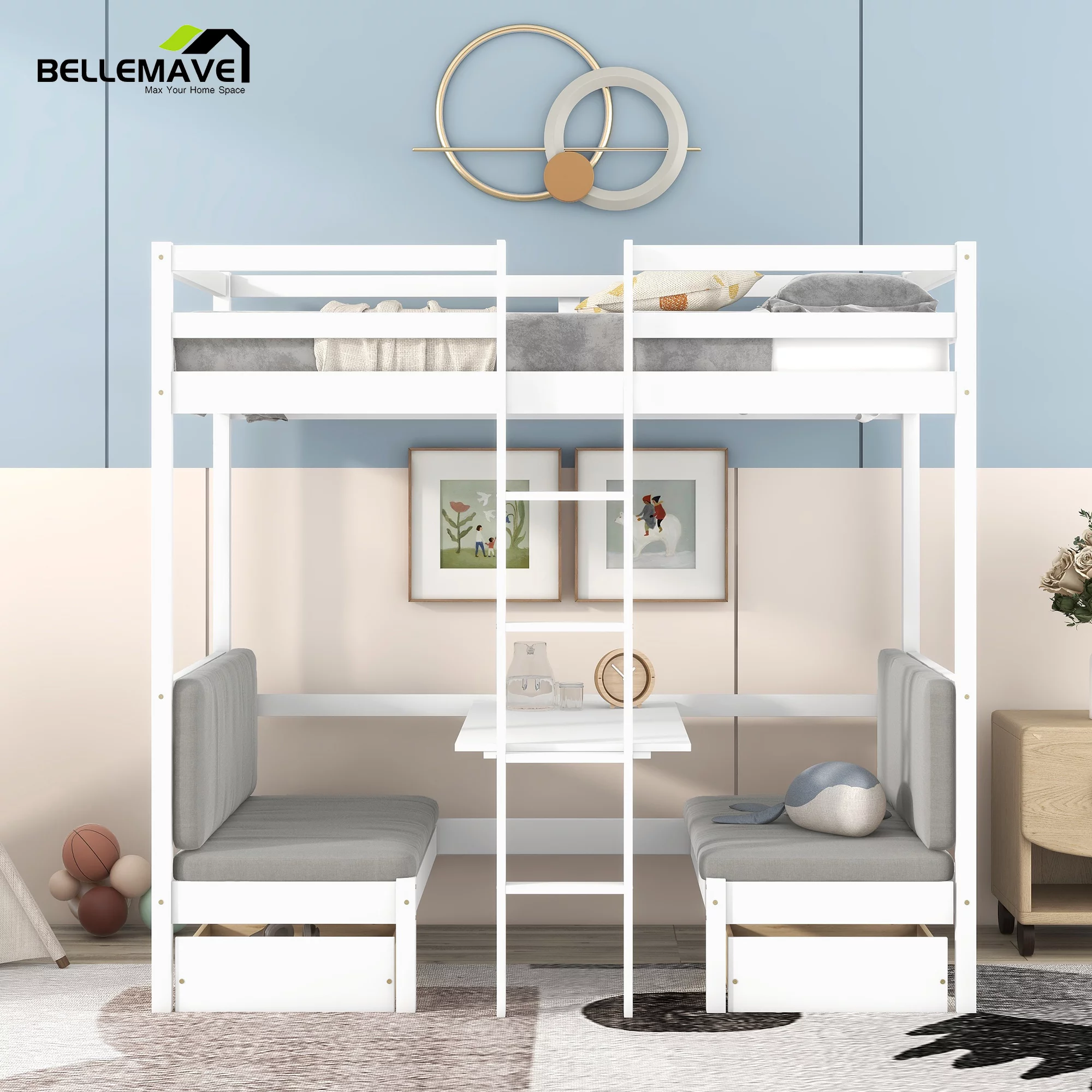 Bellemave Twin Size Loft Bed with Desk, Seat and Two Storage Drawer, Convertible Loft Bed Can be Turned Into Twin over Twin Bunk Bed for Kids, Teens