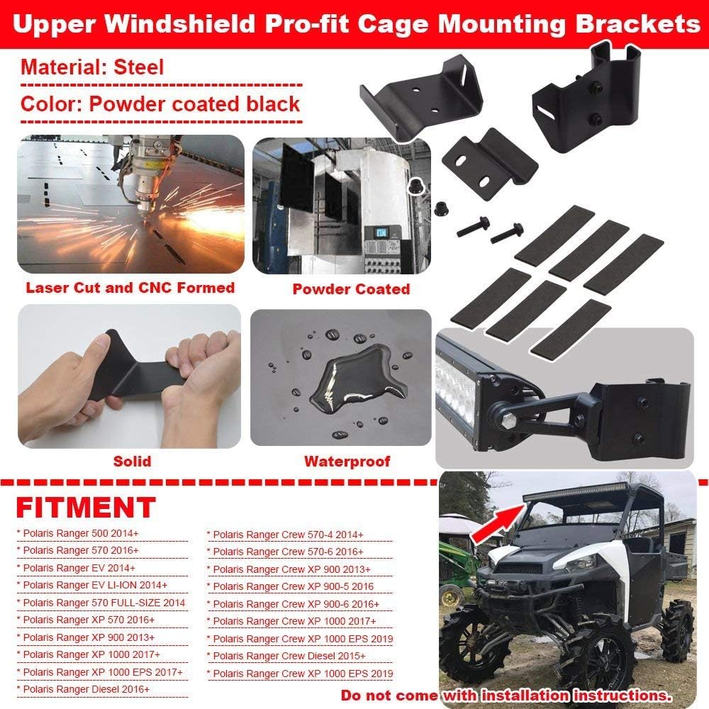 No Need Drilling 50 inch Curved Straight LED Light Bar Upper Windshield Pro-fit Cage Mounting Brackets Compatible with Polaris Ranger 500 570 900