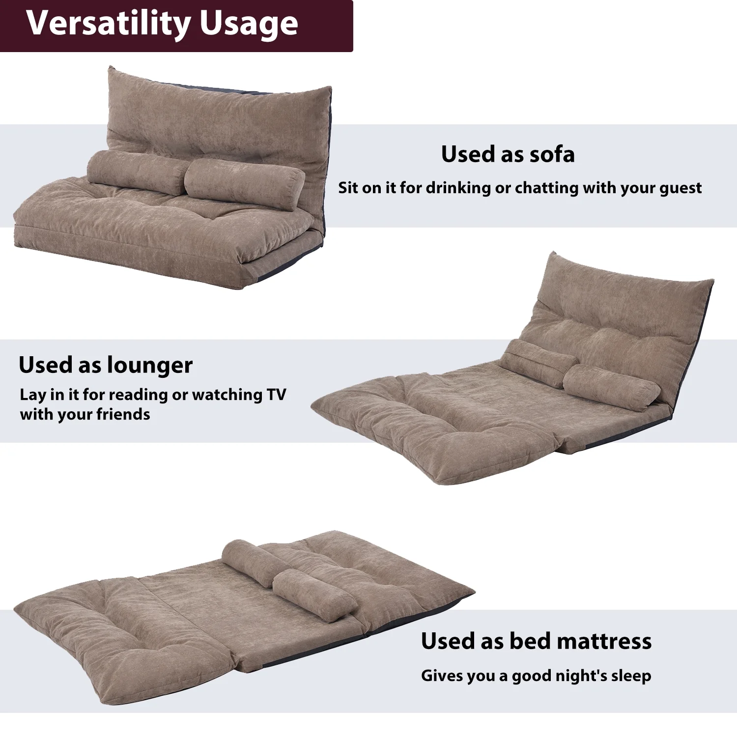 Nestfair Light Brown Sofa Bed Adjustable Folding Futon Sofa with Two Pillows