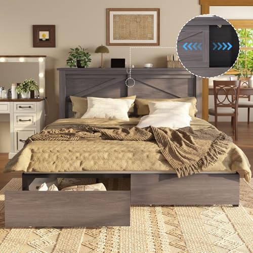 AMERLIFE 47.2" H King Bed Frame with Hidden Space Bookcase Headboard and Charging Station, Beds with 2 Storage Drawers and Wood Slats