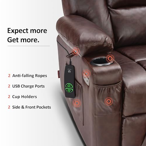 MCombo Small Power Lift Recliner Chair with Massage and Heat for Petite People, Cup Holders, USB Ports, Side Pockets, Faux Leather 7569 (Small