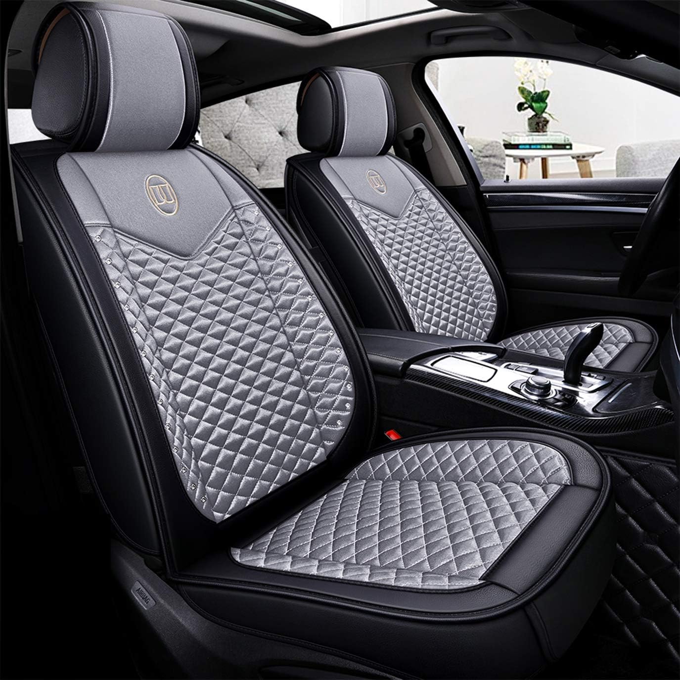 seemehappy Bling Retro Fashion Lattice Silk and Leather Car Seat Covers Front and Rear Seat Covers Universal Fit (Pink-Luxury)