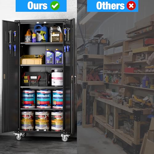 Garage Storage Cabinet with Wheels & Pegboard, 72" H Locking Metal Storage Cabinet with Doors and 4 Adjustable Shelves for Garage Workshop Home