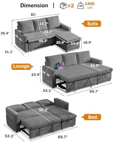 81" Sleeper Sofa Bed with Pull Out Bed, L Shaped Couch Sectional Sleeper Sofa, Pull Out Couch with Reclining Backrest, Reversible Storage Chaise
