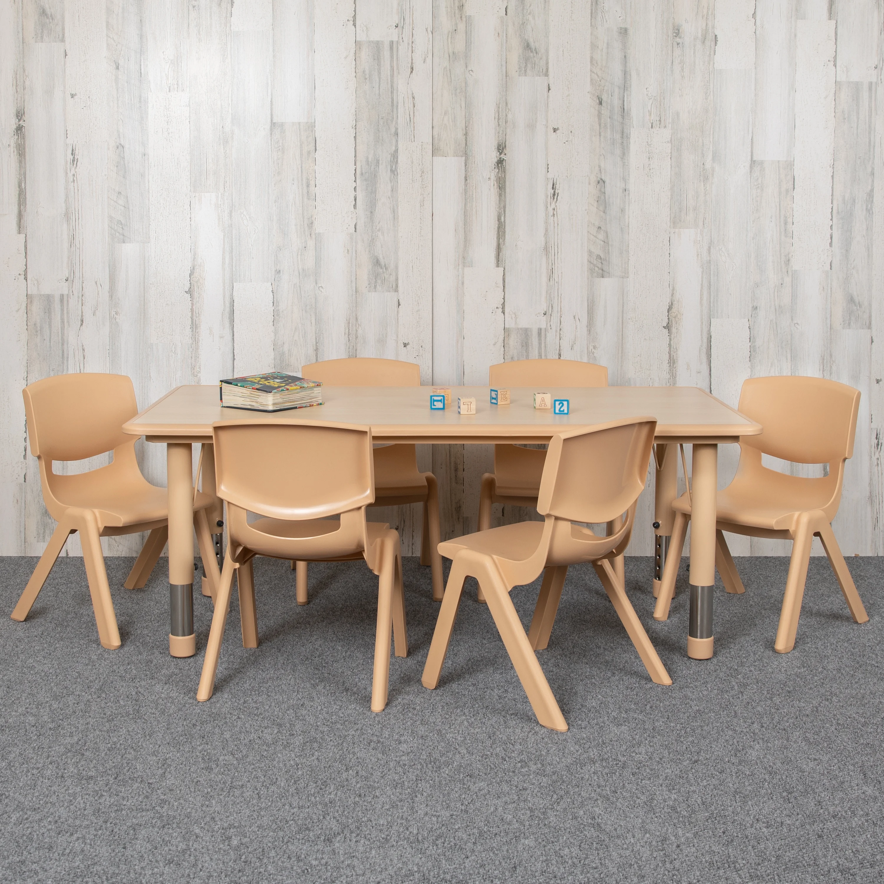 Flash Furniture 23.625"W x 47.25"L Rectangular Natural Plastic Height Adjustable Activity Table Set with 6 Chairs