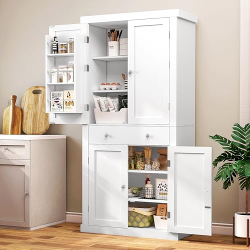 72” Pantry Cabinet, Kitchen Pantry Cabinet with 6 Doors Shelves & 1 Drawer, Kitchen Cabinets with 4 Door for Dinging Room, Living Room, White