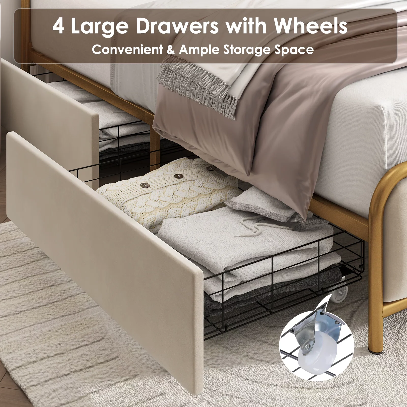 Homfa King Size 4 Drawers Storage Bed Frame, Gold Platform Bed with Tufted Upholstered Headboard, Beige