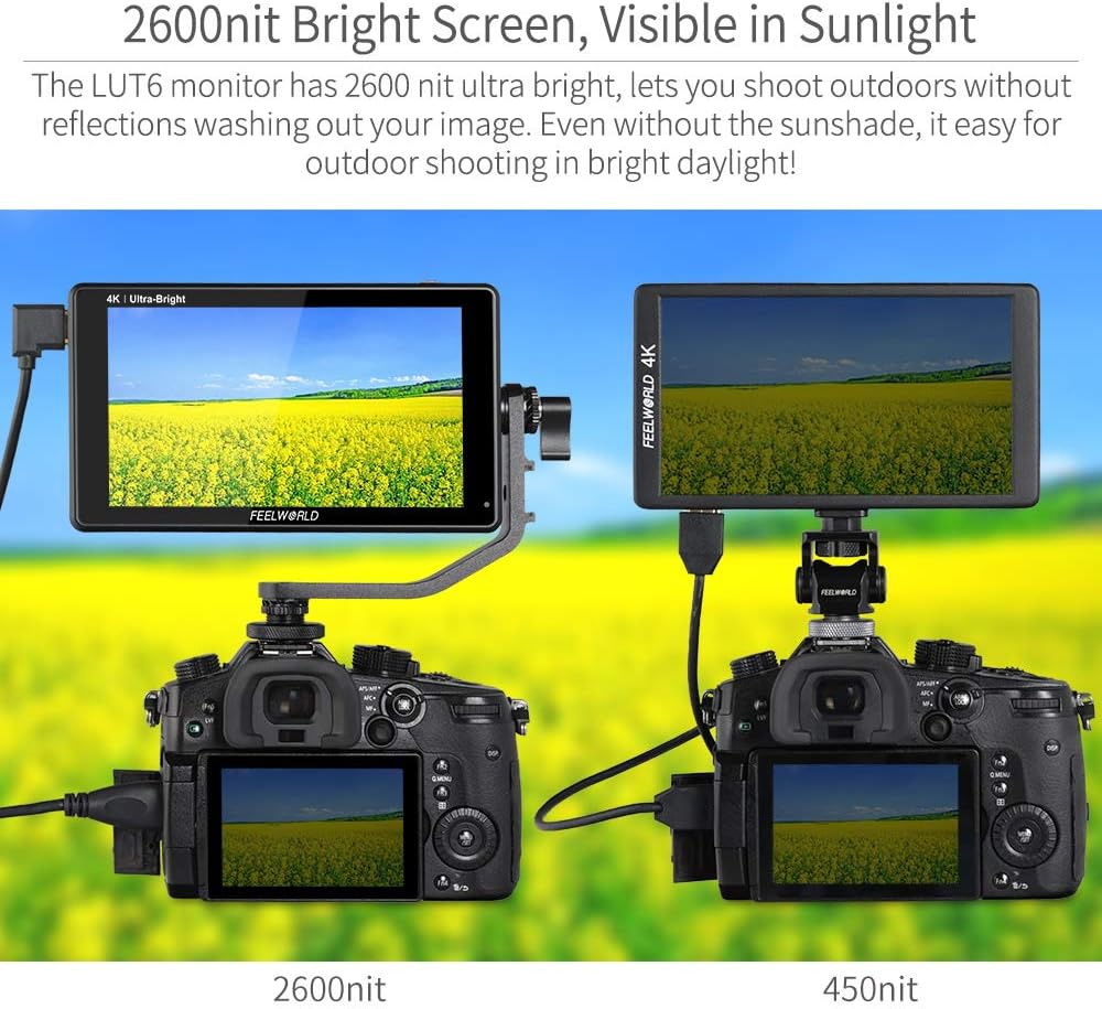FEELWORLD LUT6 6 Inch 2600nits HDR 3D LUT Touch Screen DSLR Camera Field Monitor with Waveform VectorScope Histogram 4K HDMI Input Output 1920X1080