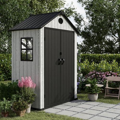 4.4x6 FT Resin Outdoor Storage Shed, 230 Cuft Garden Tool Sheds & Outdoor Storage Plastic Shed with Floor