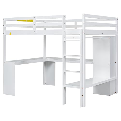 SOFTSEA Full Size Loft Bed with Desk & Wardrobe, Wood Loft Bunk Bed with Storage Shelves and Cabinets